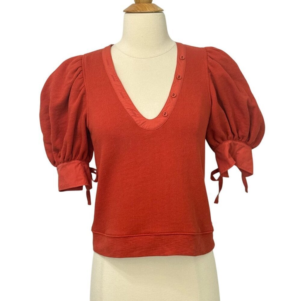 Ulla Johnson Bess Top Puff Sleeve Poplin Trimmed Cotton Bossa Nova Red Size XS - Picture 10 of 11